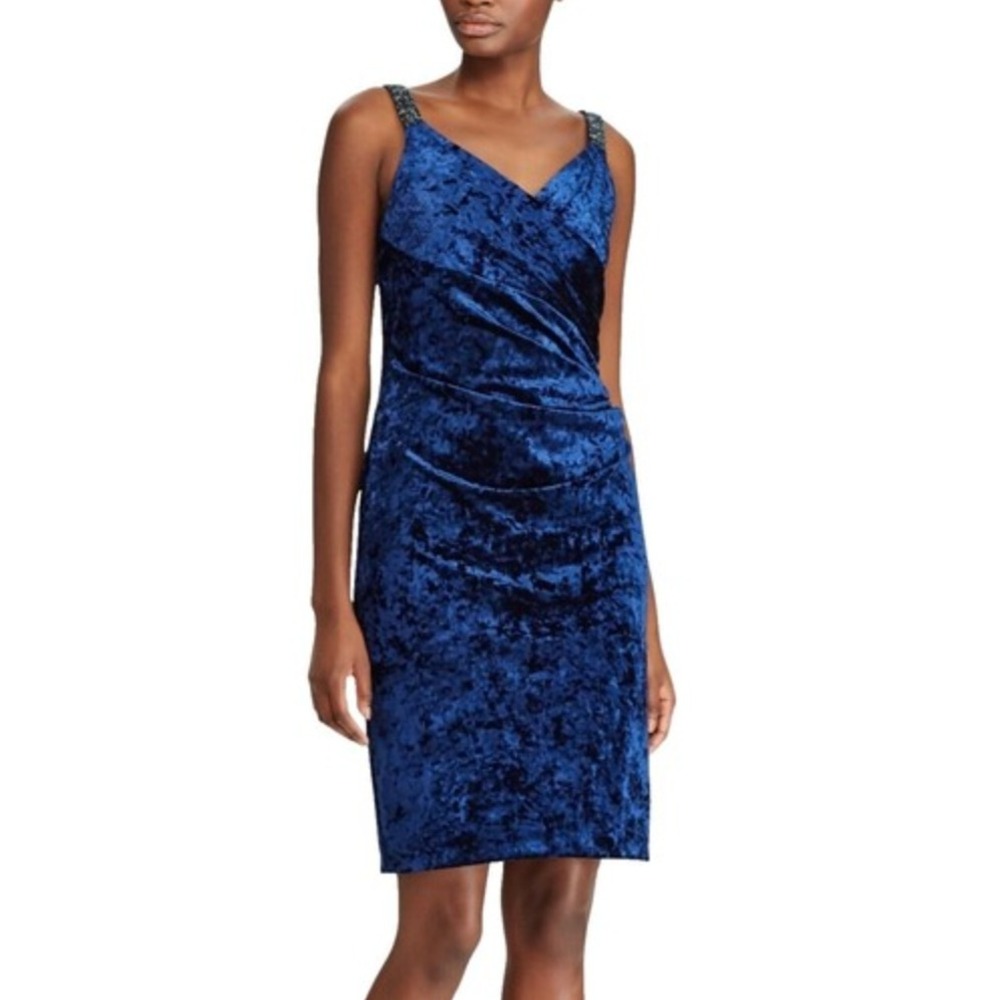 Lauren Ralph Lauren Blue Crushed Velvet Beaded Strap Ruched Cocktail Dress 16